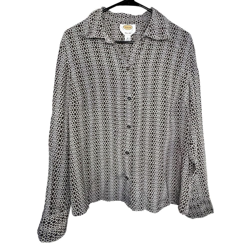 Talbots Brown and White Geometric Silk Professional Long Sleeve Blouse